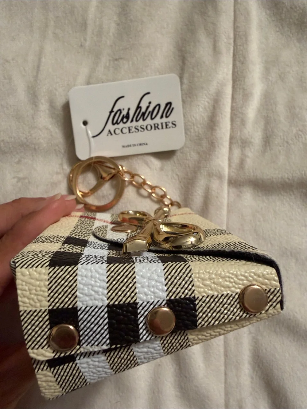 Cream Plaid Bow Card Holder Keychain (84)